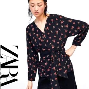 Zara Black Floral Blouse with Wrap Design